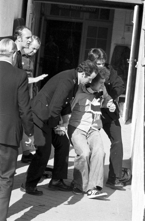 Police after crowd trouble Hearts Hibs Tynecastle August 1978