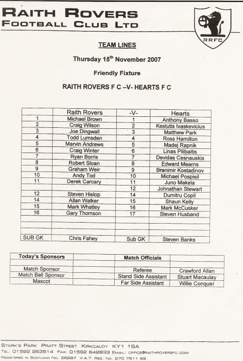 2007111501 Raith Rovers vs Hearts XI