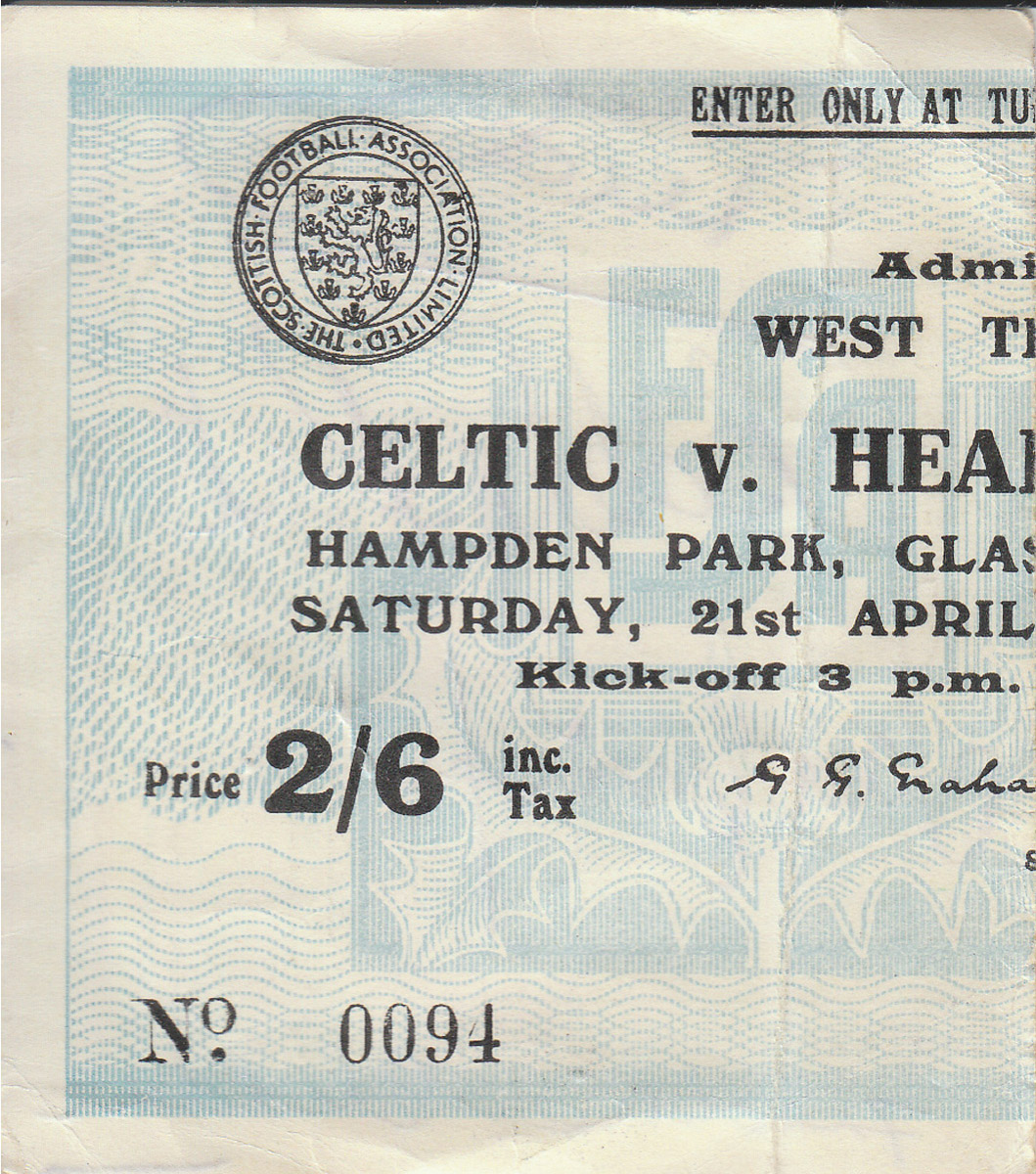 Match Ticket from 1956 Scottish Cup Final priced 2/6 with autographs