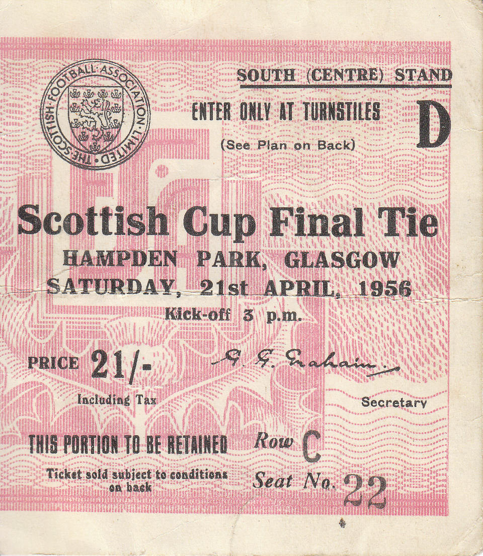 Match Ticket from 1956 Scottish Cup Final priced 21/-
