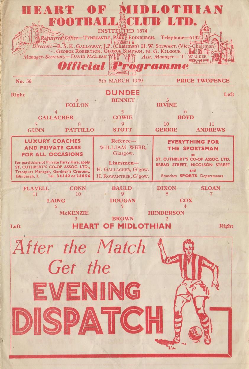 Sat 05 Mar 1949  Hearts 2  Dundee 4 