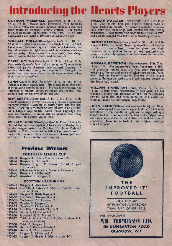 Sat 27 Oct 1962  Hearts 1  Kilmarnock 0 