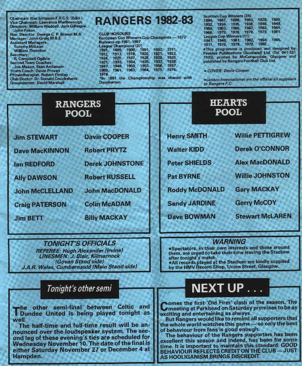 Wed 27 Oct 1982  Rangers 2  Hearts 0 
