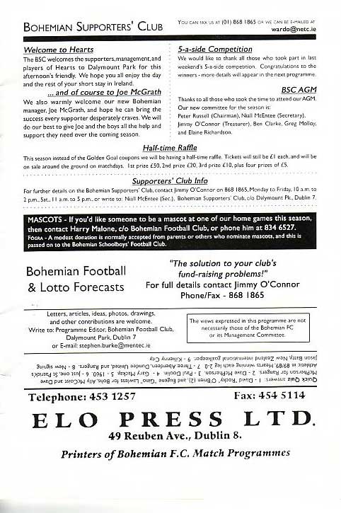 Sun 12 Jul 1998  Bohemians Dublin 0  Hearts 1 